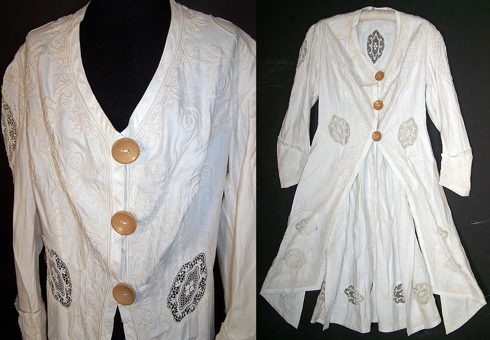 Edwardian White Linen Lace Soutache Coat Tails Jacket Front View.