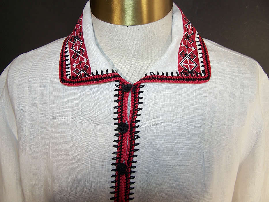 Vintage Bulgarian Folk Costume Embroidered Linen Blouse Front View.
