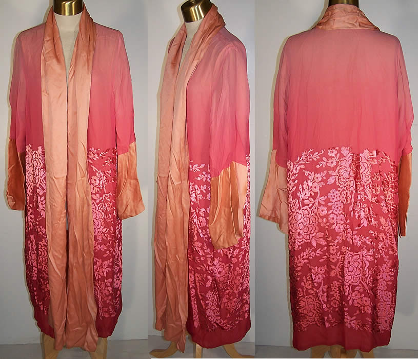 Art Deco Pink Silk Chiffon Voided Velvet Robe Coat  Front view.