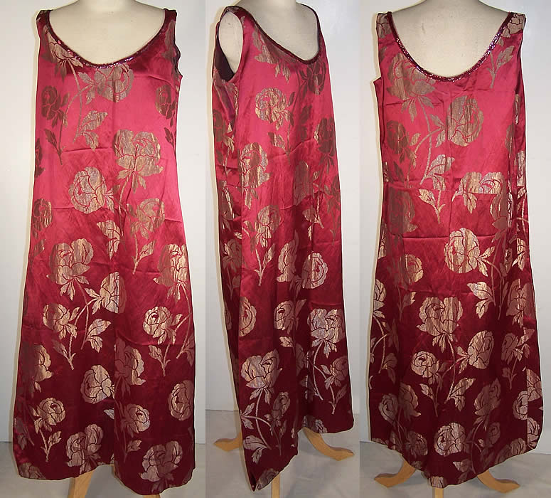 Burgundy Red Silk Silver Lamé Floral Flapper Dress Front view.