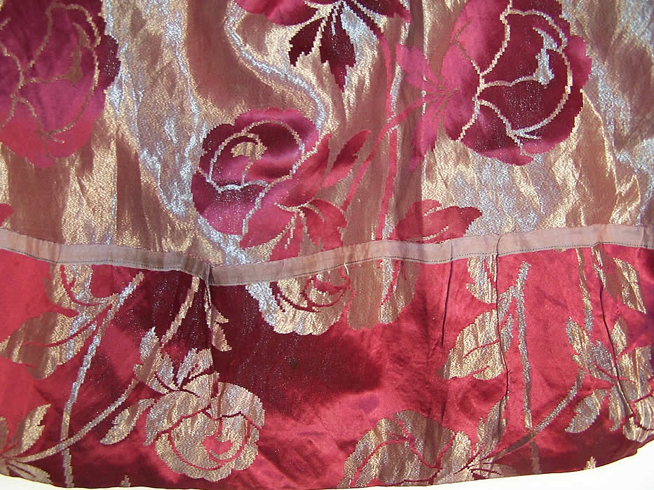 Burgundy Red Silk Silver Lam&eacute; Floral Flapper Dress close-up view.