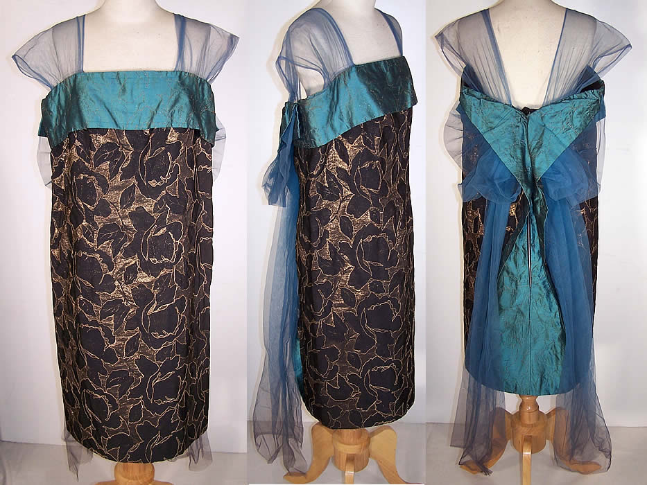 Black Silk Gold Lamé Blue Tulle Floral Flapper Dress   Front view.
