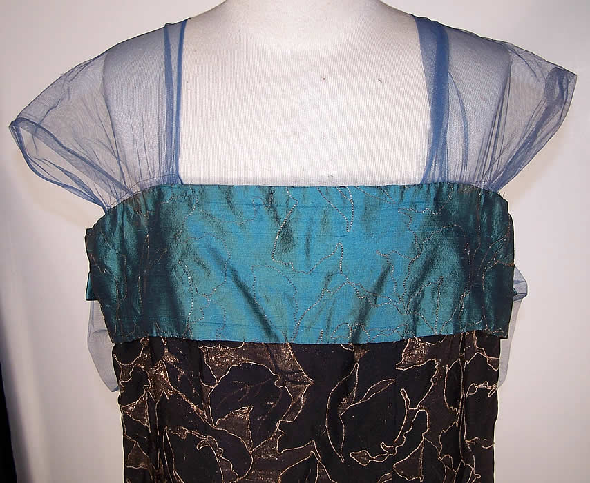 Black Silk Gold Lamé Blue Tulle Floral Flapper Dress Front View.