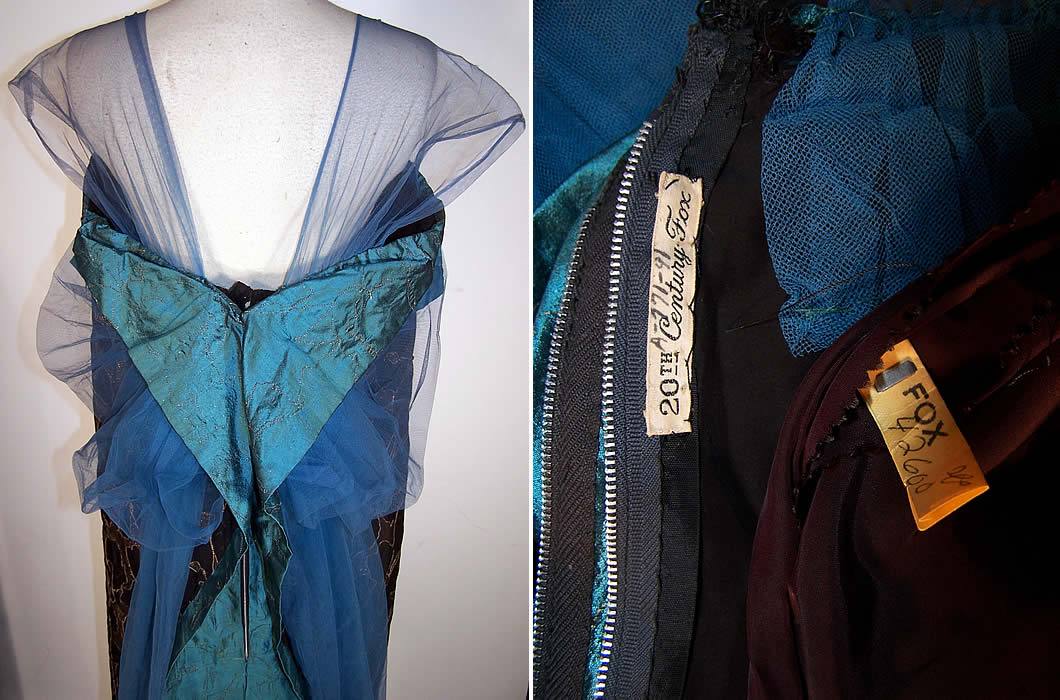 Black Silk Gold Lamé Blue Tulle Floral Flapper Dress Back & Inside view.