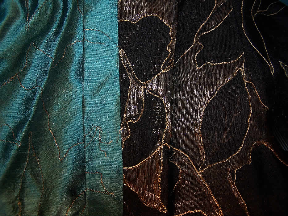 Black Silk Gold Lamé Blue Tulle Floral Flapper Dress  Close up.