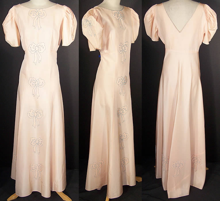  Pink Silk Taffeta Blue Beaded Bow Gown Dress  Front view.