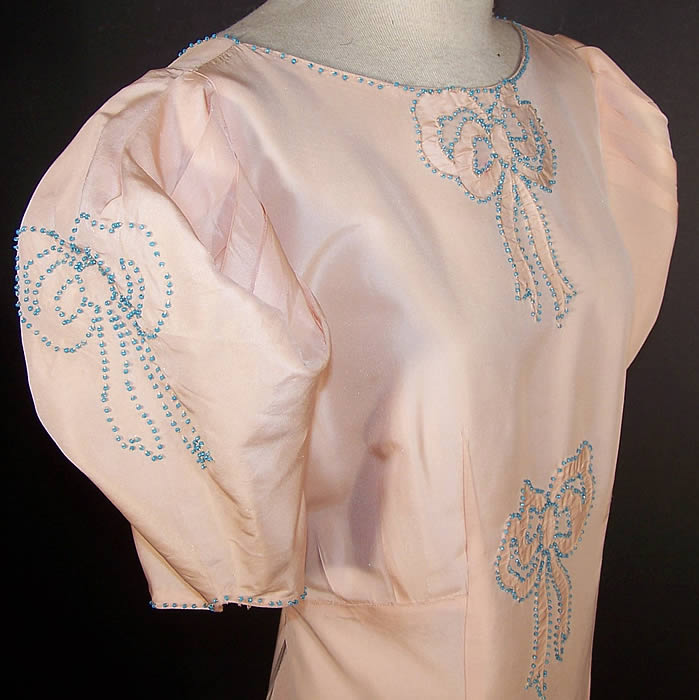 Pink Silk Taffeta Blue Beaded Bow Gown Dress  side view.