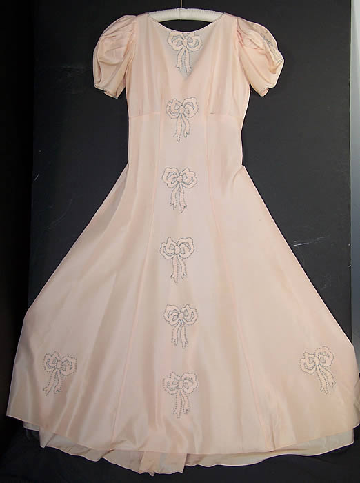 Pink Silk Taffeta Blue Beaded Bow Gown Dress front flat view