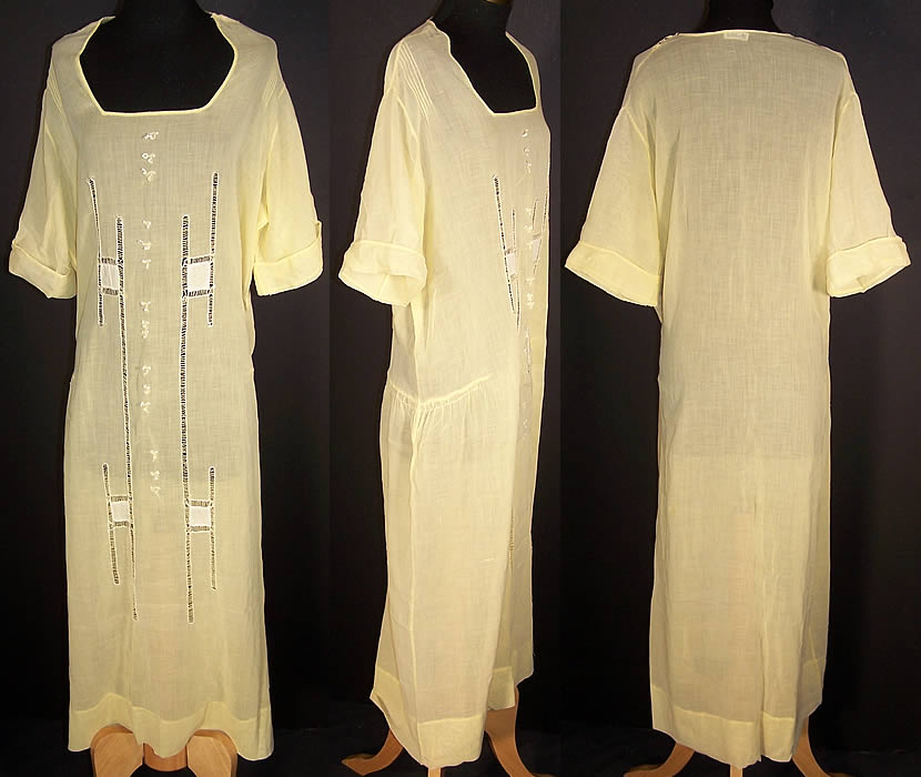 Vintage Yellow Batiste White Embroidered Drop Waist Dress   Front view.
