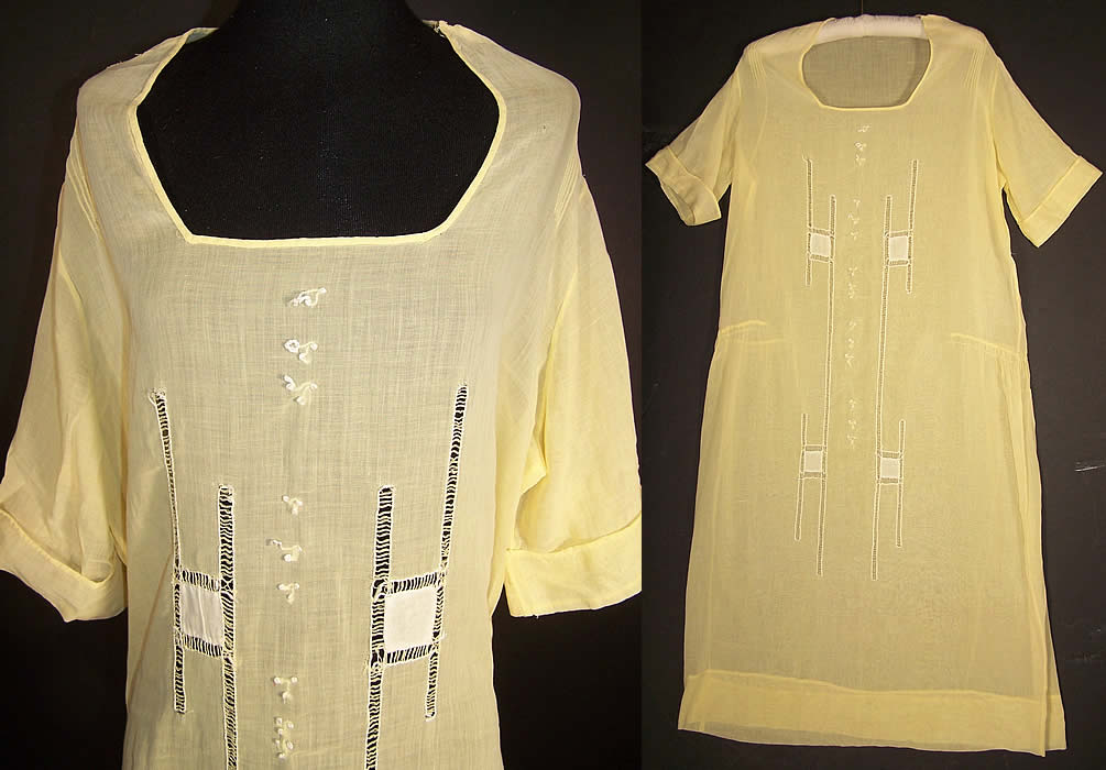 Vintage Yellow Batiste White Embroidered Drop Waist Dress Front View.