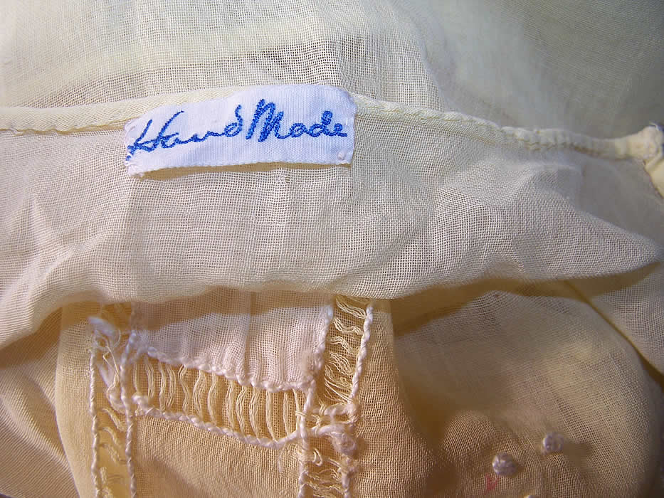  Vintage Yellow Batiste White Embroidered Drop Waist Dress inside view.