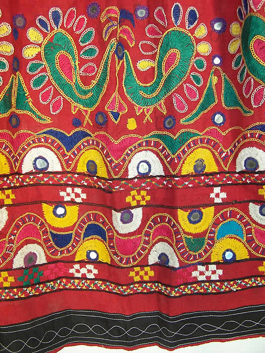 Indian Gujarati Pakistan Pakko Embroidery Mirror Skirt close-up View.
