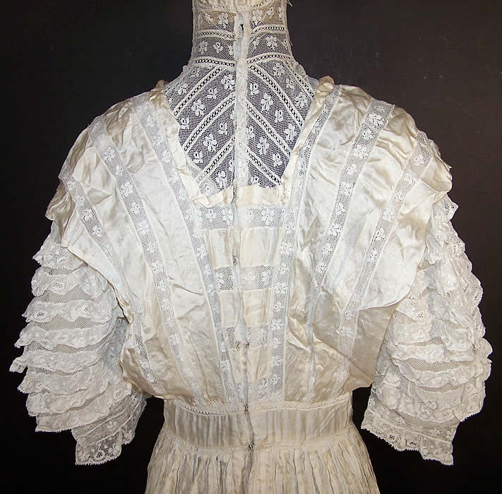 Edwardian White Lace Silk Ribbon Ruffle Wedding Dress back view.