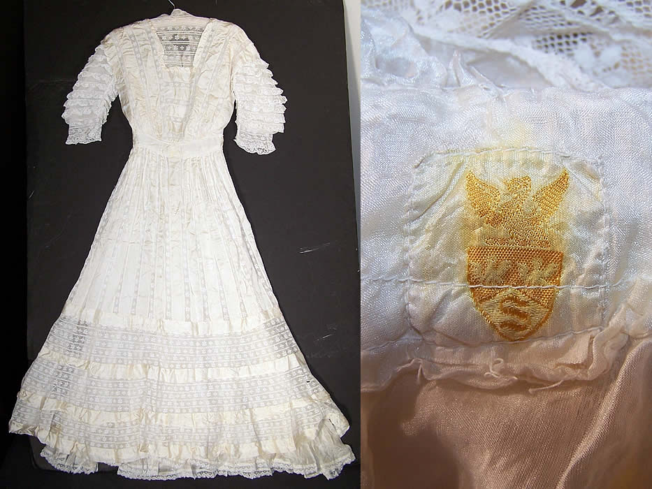 Edwardian White Lace Silk Ribbon Ruffle Wedding Dress Close up.