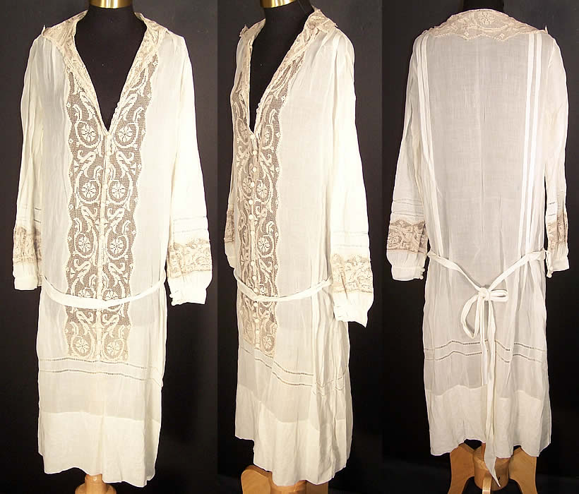 Ecru Batiste Filet Lace Belted Drop Waist Dress Front view.