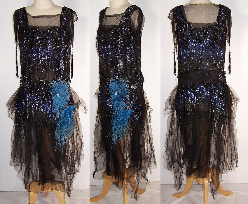 Black Blue Beaded Sequin Feather Flapper Gown Dress Front view.