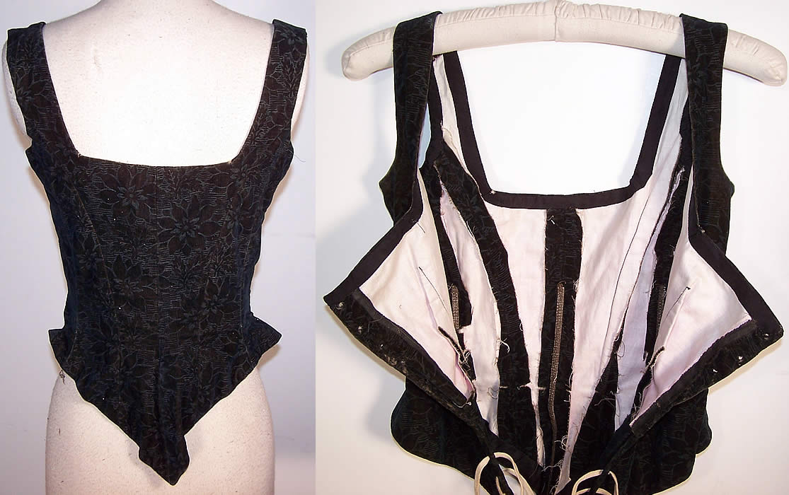 Victorian Floral Velvet Swiss Waist Corset Corselet Bodice back inside view