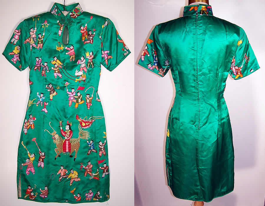 Chinese Cheongsam Silk Embroidered New Year Dress front & back view