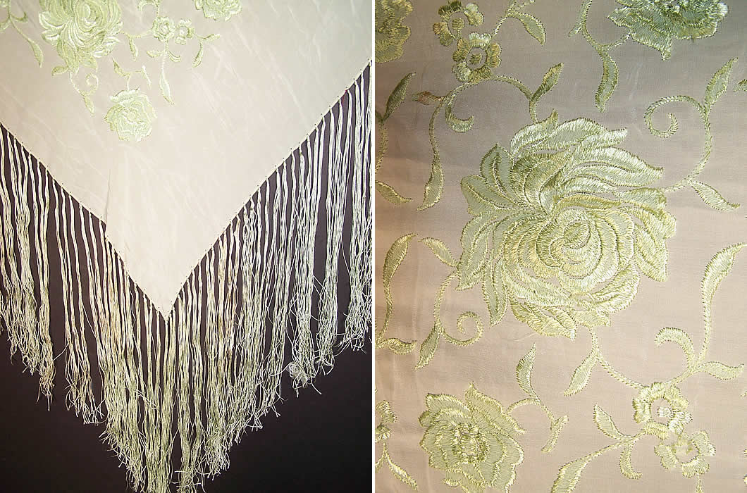 Chartreuse Green Floral Silk Embroidered Piano Shawl Front View.