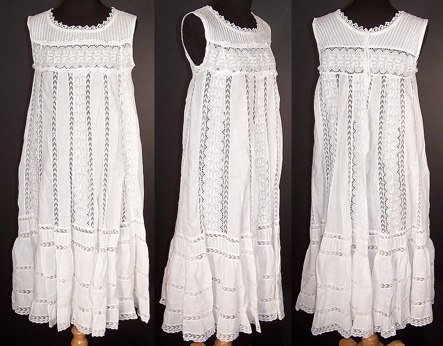 Edwardian White Lace Batiste Embroidered Babydoll Dress Front view.