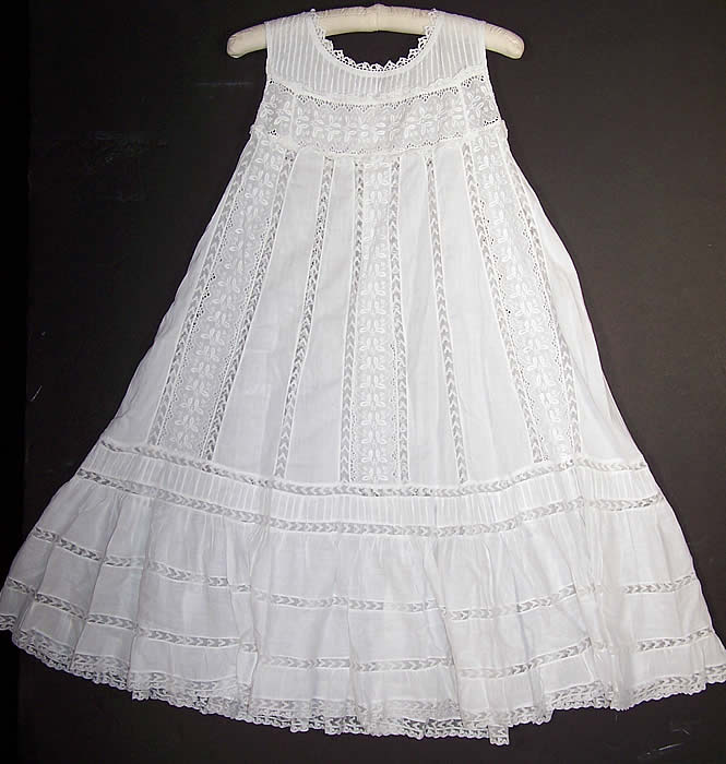 Edwardian White Lace Batiste Embroidered Babydoll Dress front flat view