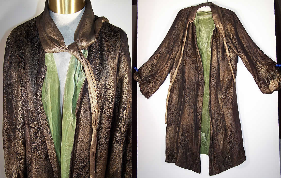Art Deco Gold Lam&eacute; Green Velvet Cocoon Opera Coat Front View.