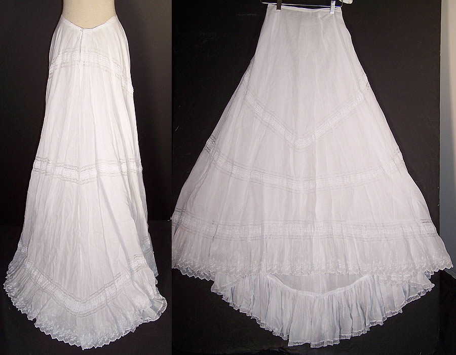Victorian White Batiste Lace Train Wedding Petticoat Skirt Back View.