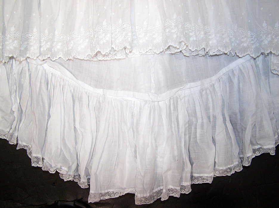 Victorian White Batiste Lace Train Wedding Petticoat Skirt Close up.
