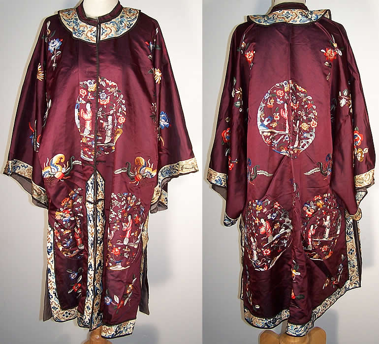Chinese Figural Embroidered Aubergine Silk Robe Coat  Front view.