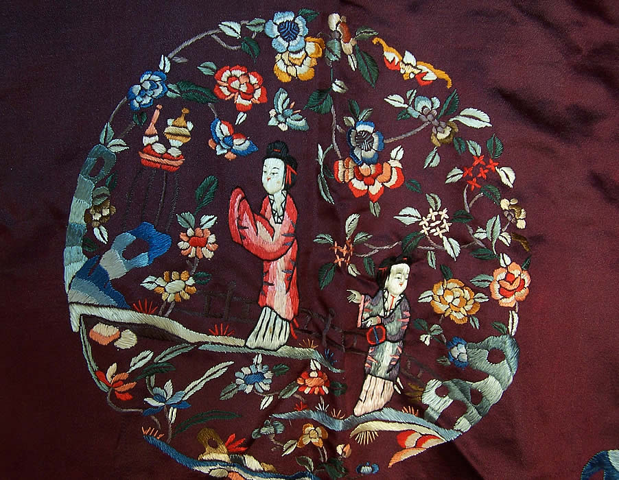 Chinese Figural Embroidered Aubergine Silk Robe Coat close-up view.