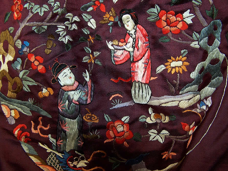 Chinese Figural Embroidered Aubergine Silk Robe Coat Close up.