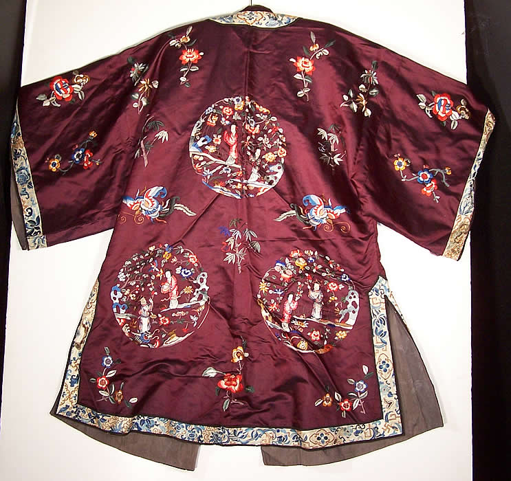 Chinese Figural Embroidered Aubergine Silk Robe Coat back view