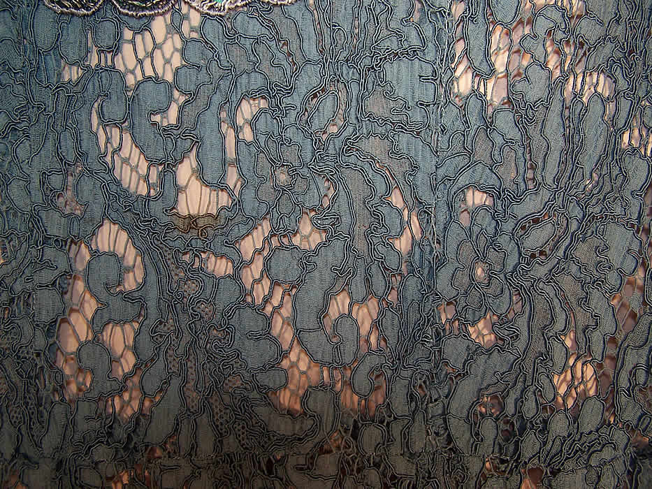 Blue Bretonne Needle Lace Gold Embroidered Slip Dress close-up view.