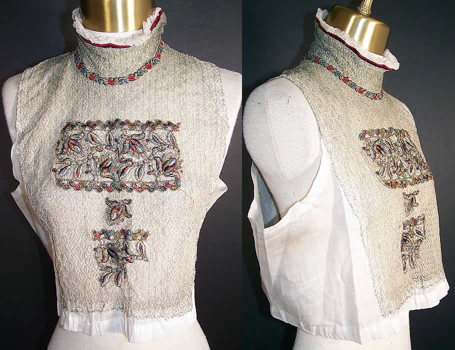Edwardian Gold Silver Lace Embroidered Dickey Blouse Front view.