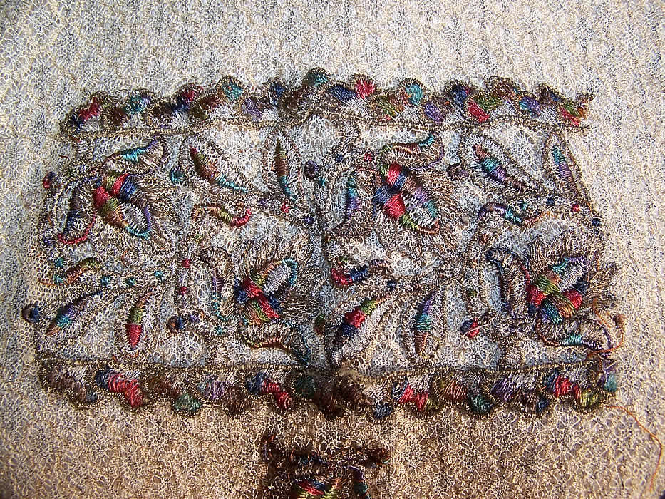 Edwardian Gold Silver Lace Embroidered Dickey Blouse close-up view.