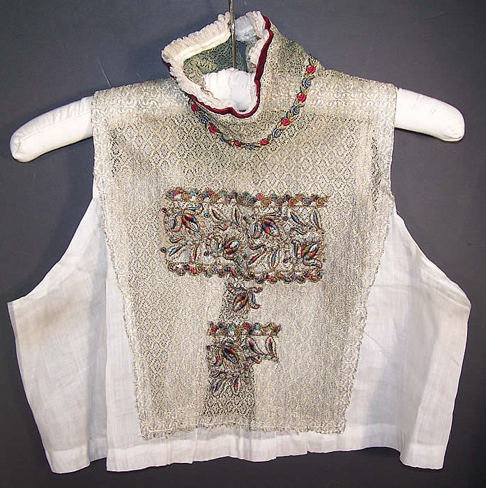 Edwardian Gold Silver Lace Embroidered Dickey Blouse Close up.