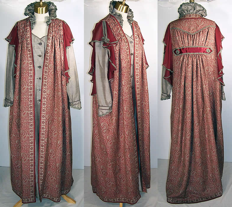 Regency Reproduction Wool Paisley Robe Coat Silk Dress  Front view.
