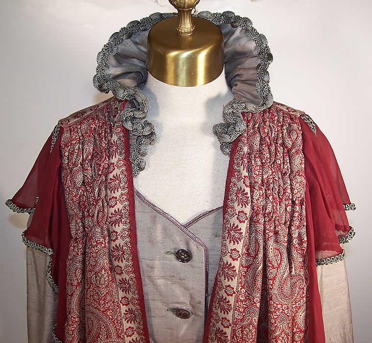 Regency Reproduction Wool Paisley Robe Coat Silk Dress Front Top View.