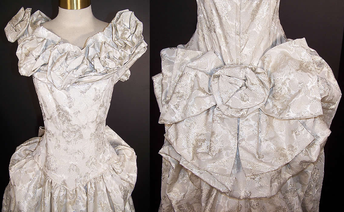 Vintage Silver Lam&eacute; Brocade Rosette Bustle Bow Ball Gown Dress Front Back View.