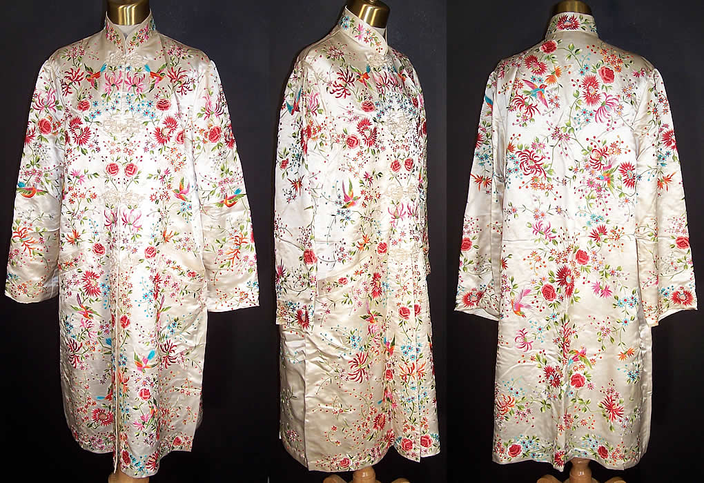 Vintage Plum Blossoms Chinese Silk Embroidered Floral Bird Coat Front view.