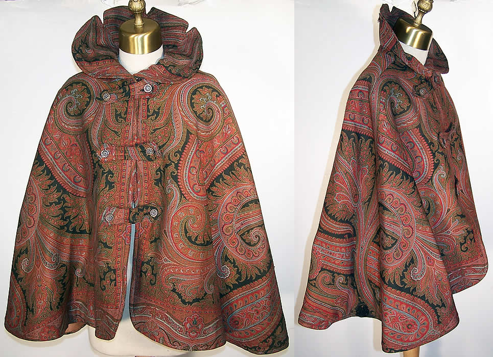 Victorian Wool Paisley Shawl Stand Up Collar Cloak Cape