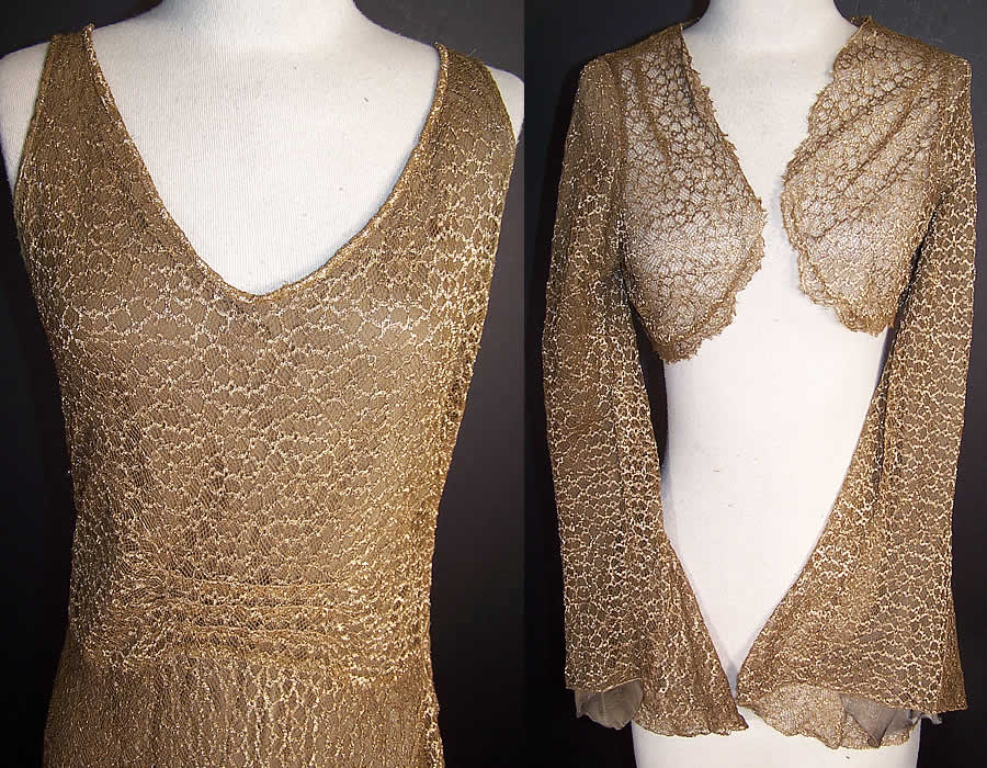 Vintage Gold Metallic Lamé Lace Bias Cut Evening Gown Dress Bolero Jacket front View.
