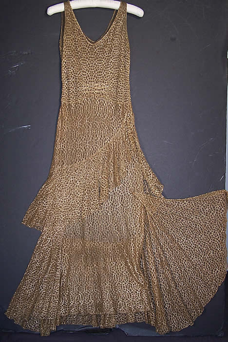 Vintage Gold Metallic Lam&eacute; Lace Bias Cut Evening Gown Dress Bolero Jacket flat front view.