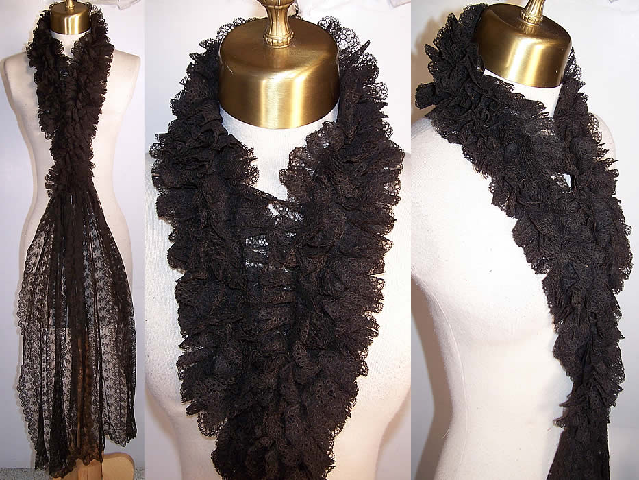 Victorian Black Chantilly Lace Pleated Gathered Neck Ruffle Lappet Collar Stole  Front view.