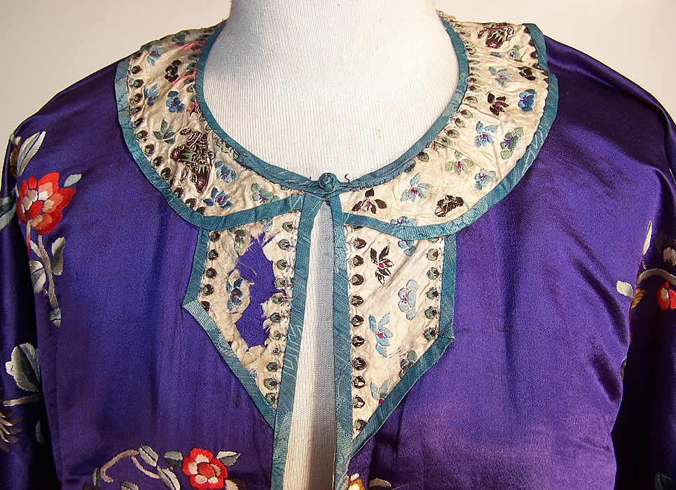 Vintage Chinese Figural Floral Butterfly Embroidered Purple Silk Robe Coat Close-up View.