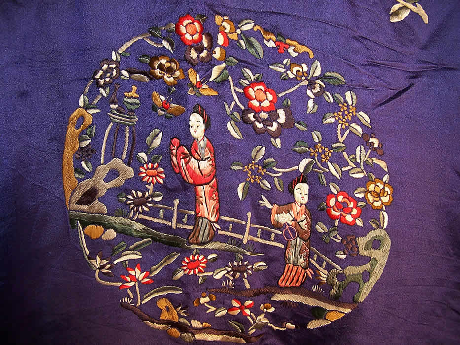 Vintage Chinese Figural Floral Butterfly Embroidered Purple Silk Robe Coat Close up.