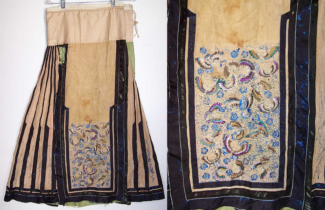 Antique Chinese Yellow Silk Embroidered Butterfly Manchu Court Skirt Front view.