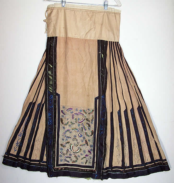 Antique Chinese Yellow Silk Embroidered Butterfly Manchu Court Skirt Back View.