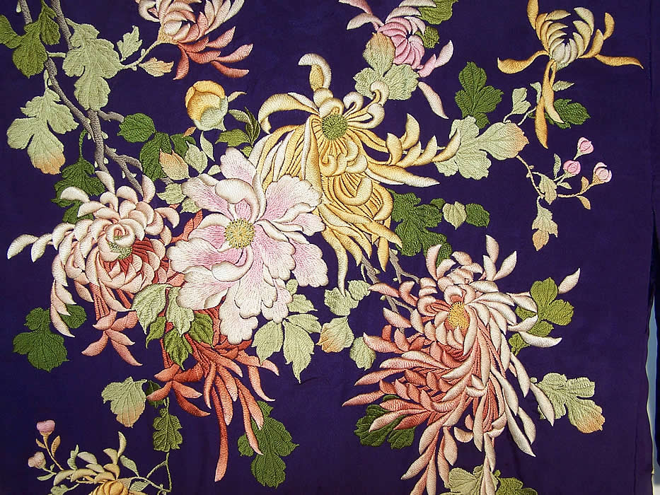 Antique Japanese Purple Silk Padded Satin Stitch Embroidery Chrysanthemum Kimono close-up view.
