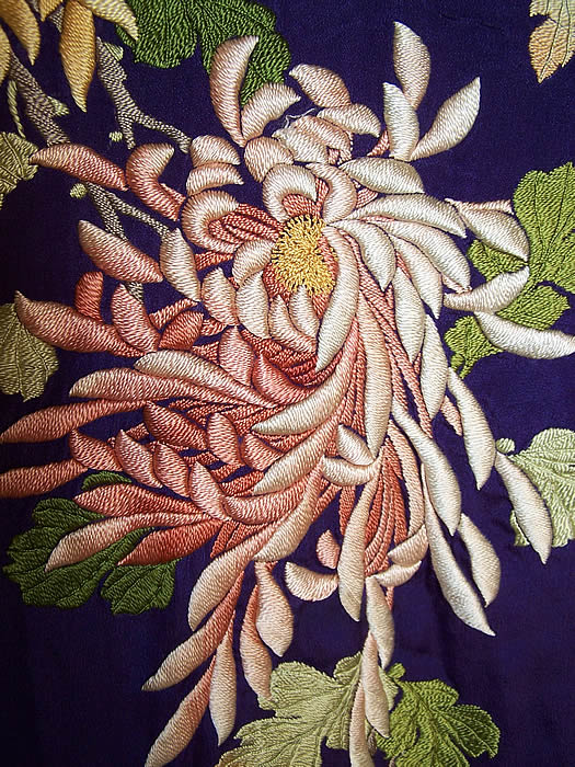 Antique Japanese Purple Silk Padded Satin Stitch Embroidery Chrysanthemum Kimono  Close up.